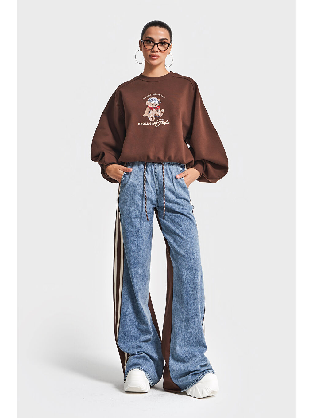 Kahverengi Kadın Kahve Jean Rengi w5-16 Tasarım Sweatshirt Pantolon 2'li Kombin Takım-4