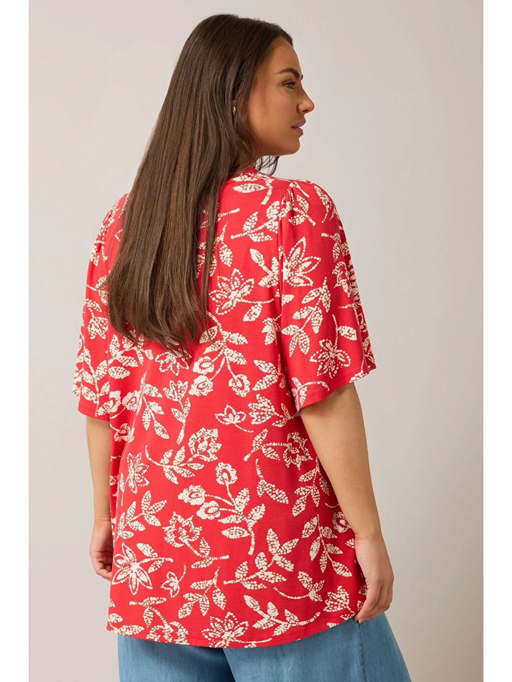 Kırmızı Büyük Beden V Yaka Kısa Kollu Önü Pileli Desenli Elastanlı Bluz 616172-4