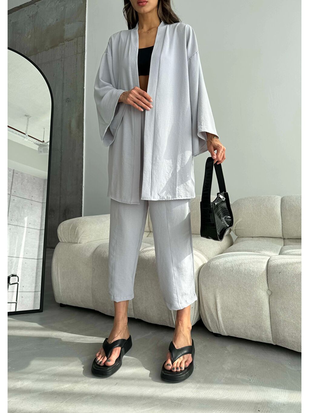 Kadın Gri Kimono Takım 1018-0075-2