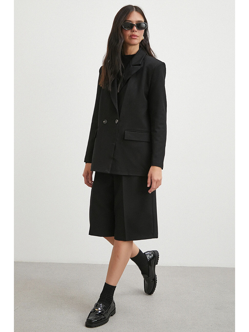 Çift Dügmeli Cep Kapaklı Blazer Ceket Siyah-1