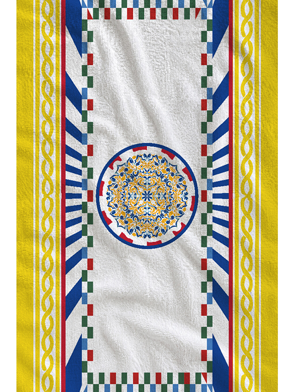 Sarı Akdeniz Seramik Çerçeve Desenli 70x150 Cm Dijital Baskılı Plaj Ve Banyo Havlusu-1