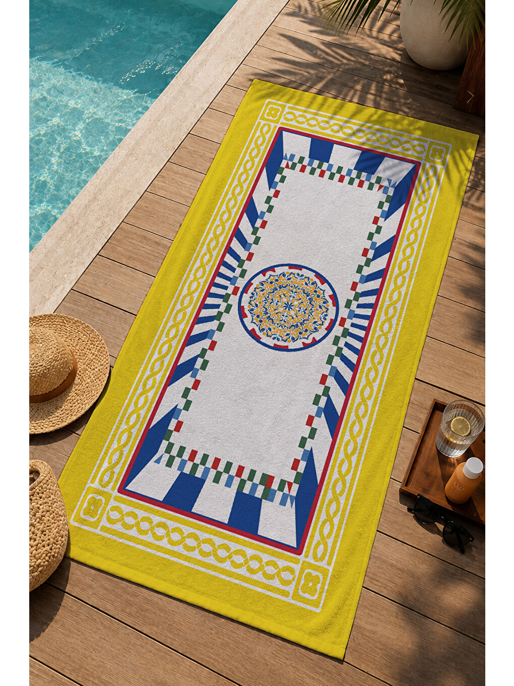 Sarı Akdeniz Seramik Çerçeve Desenli 70x150 Cm Dijital Baskılı Plaj Ve Banyo Havlusu-2