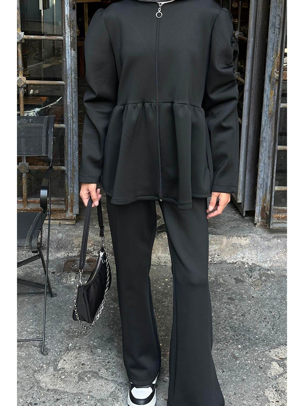 Volan Detaylı İkili Scuba Takım Siyah-2