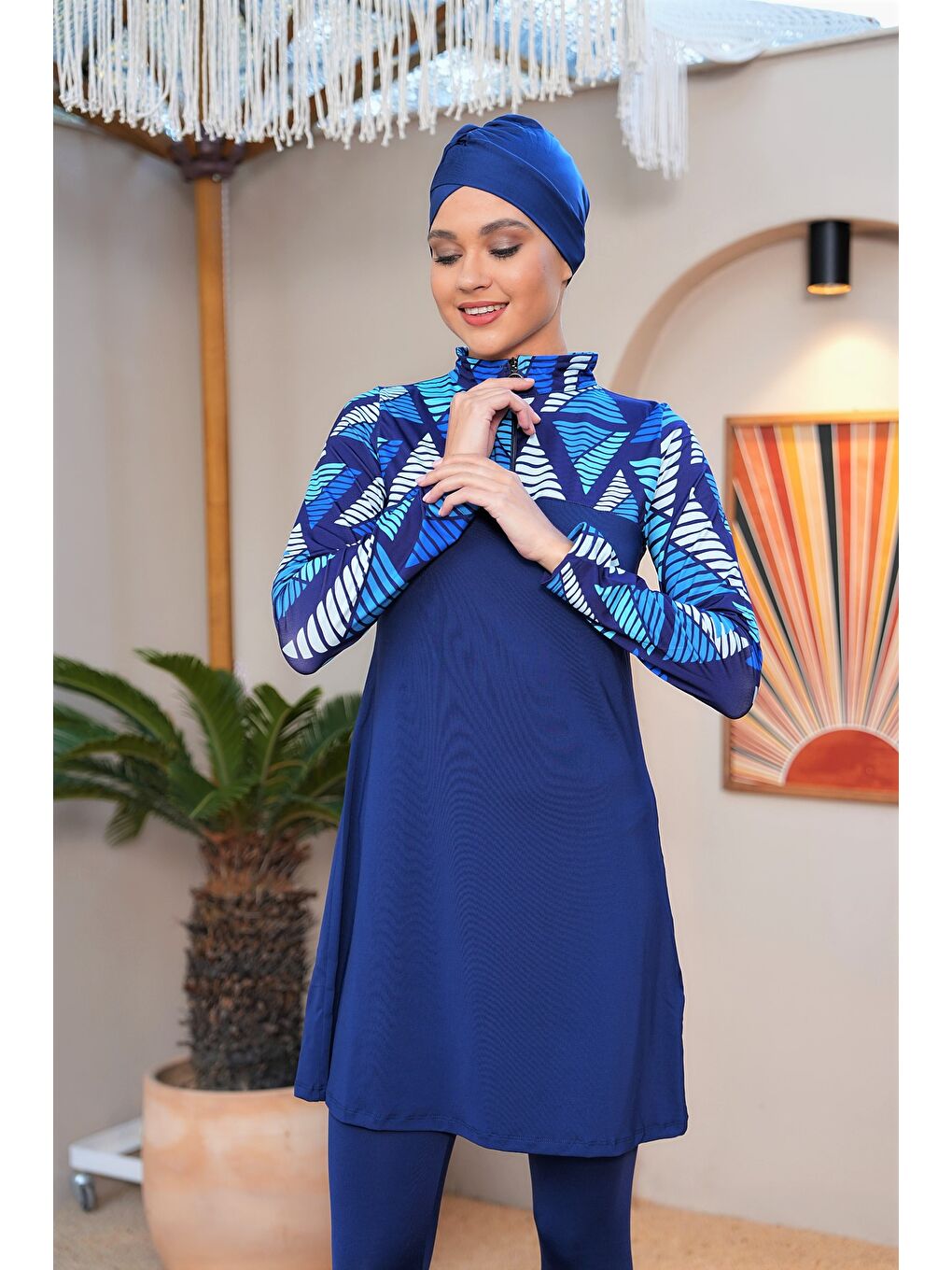 Lacivert Fermuar Detaylı Uzun Kollu Kapalı Tesettür Mayo 3755-3