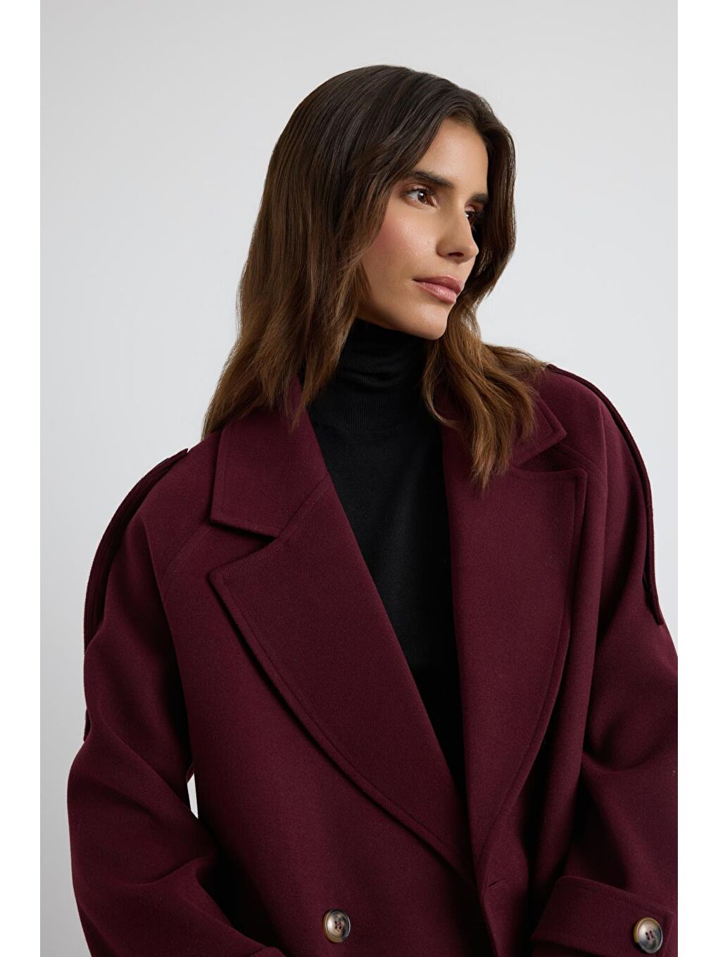 Kruvaze Yaka Apolet Detaylı Kaşe Kaban Bordo-7