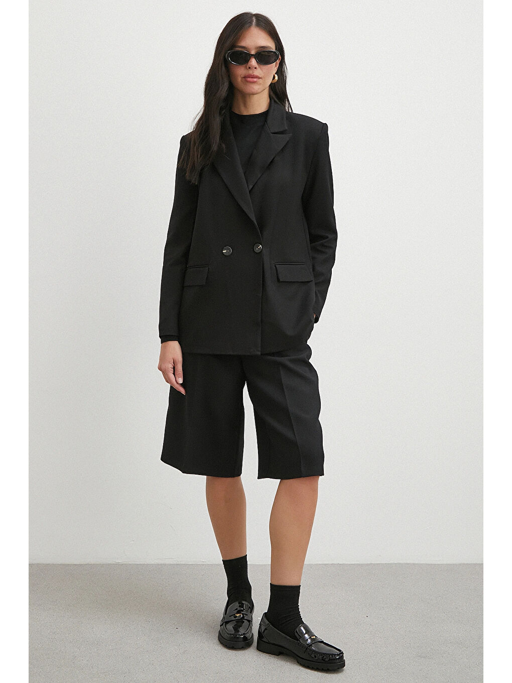 Çift Dügmeli Cep Kapaklı Blazer Ceket Siyah-3