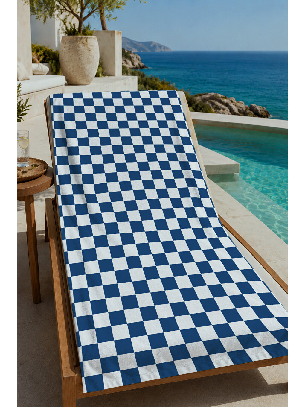Lacivert Beyaz Dama Desenli 70x150 Cm Dijital Baskılı Plaj Ve Banyo Havlusu