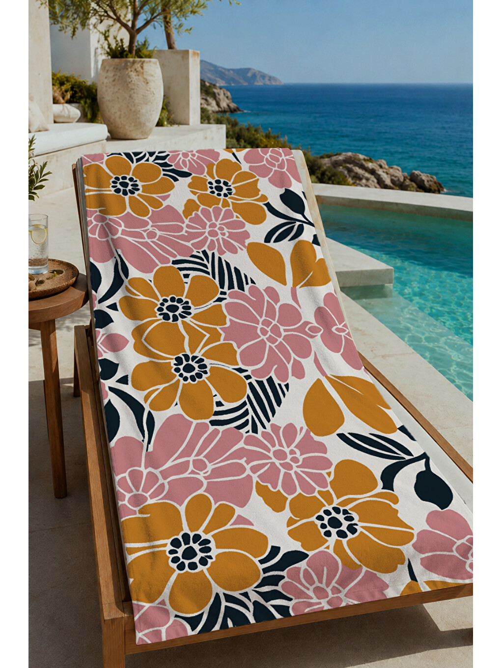 Kahverengi Hardal Pembe Retro Çiçek Desenli 70x150 Cm Dijital Baskılı Plaj Ve Banyo Havlusu