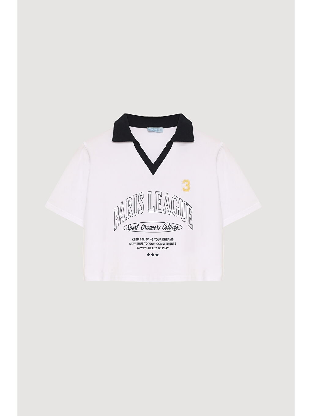 Paris Yazı Baskılı Polo Yaka Crop Tişört Beyaz