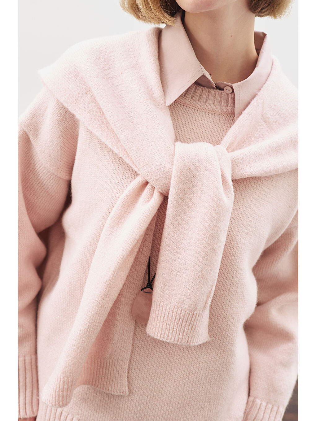 Kare Yaka Bağlamalı Triko Atkı Pembe-1