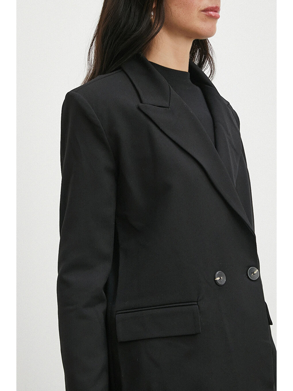 Çift Dügmeli Cep Kapaklı Blazer Ceket Siyah-4