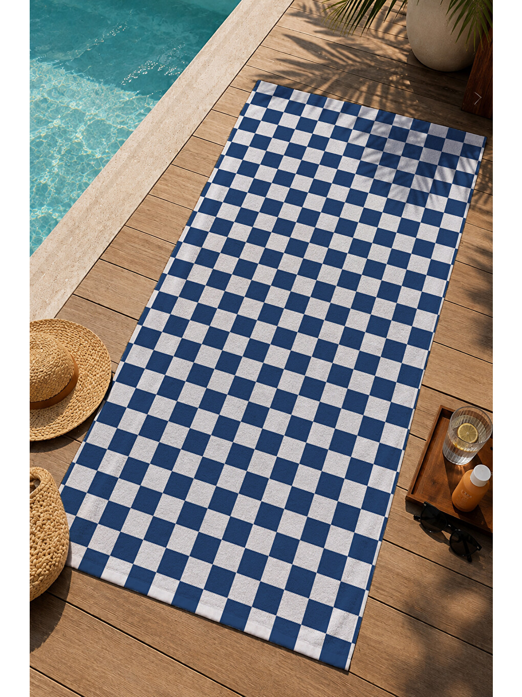 Lacivert Beyaz Dama Desenli 70x150 Cm Dijital Baskılı Plaj Ve Banyo Havlusu-2