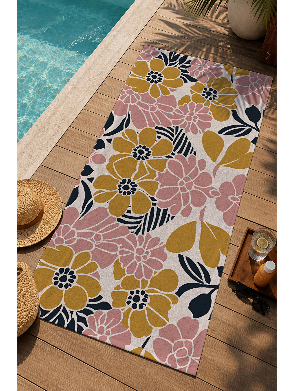 Kahverengi Hardal Pembe Retro Çiçek Desenli 70x150 Cm Dijital Baskılı Plaj Ve Banyo Havlusu-2