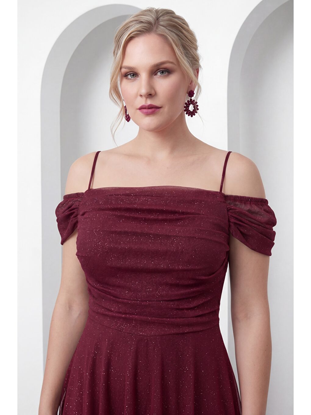Kadın Bordo İnce Askılı Simli Midi Söz Nişan Nikah Abiye Elbise-2