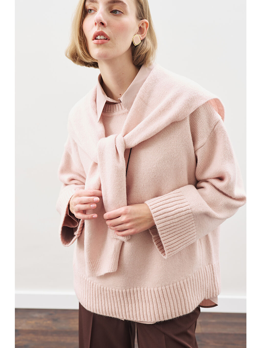 Kare Yaka Bağlamalı Triko Atkı Pembe-2