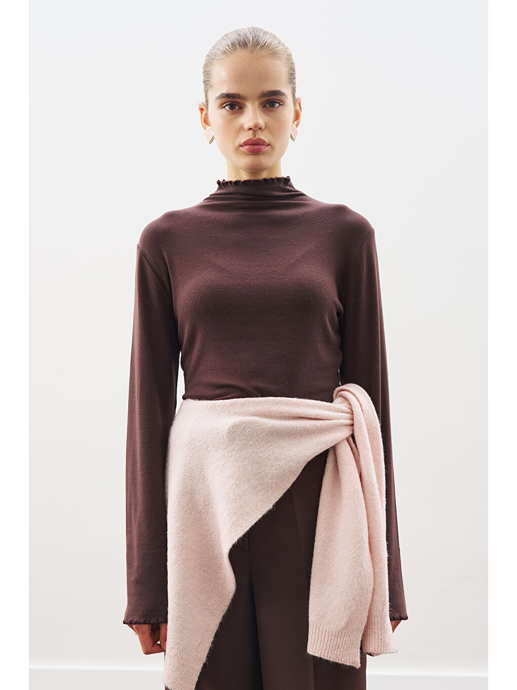 Kare Yaka Bağlamalı Triko Atkı Pembe-4