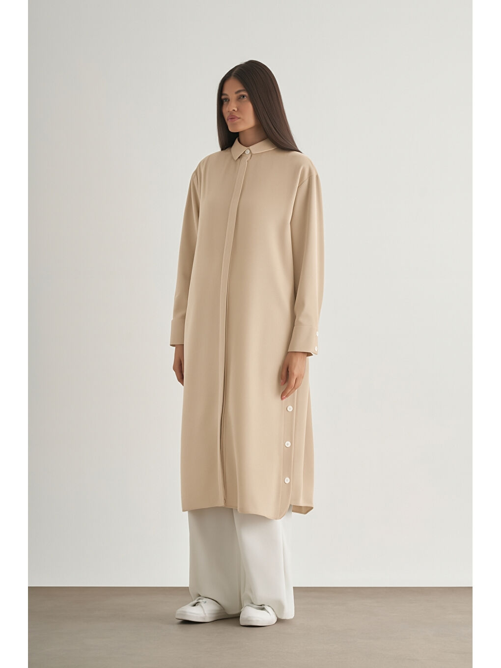 Bej Mizallle Çıtçıtlı Uzun Yazlık Taş Rengi Tunik-1