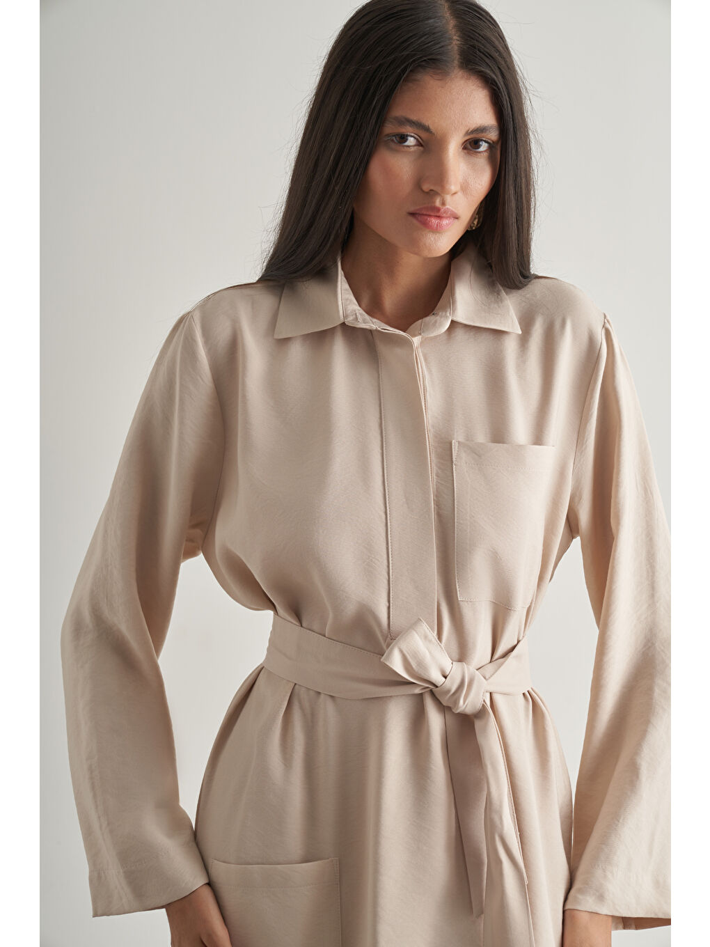 Bej Modal Karışımlı Kuşaklı Taş Rengi Uzun Gömlek Elbise-1