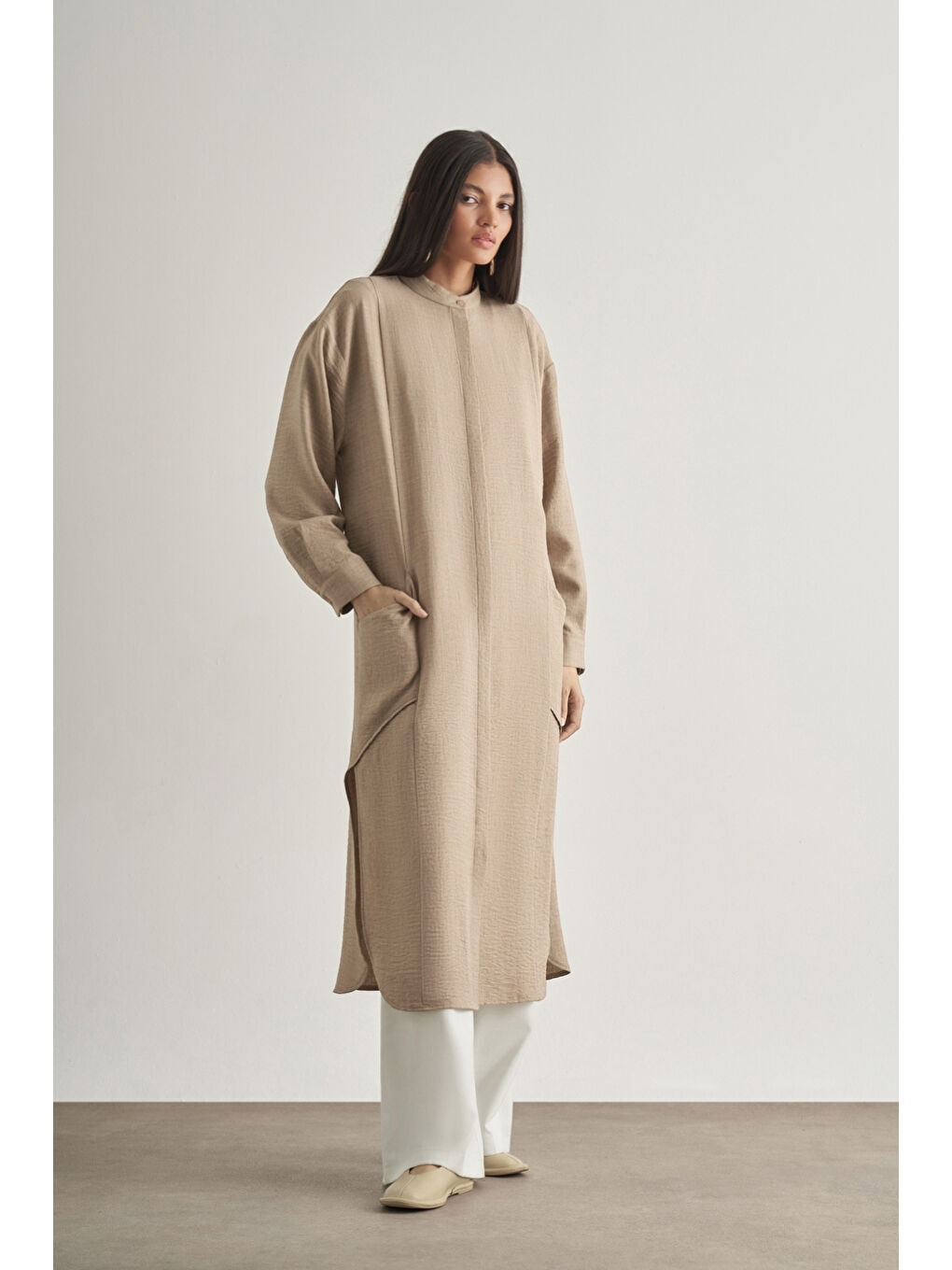 Bej Keten Dokulu Verev Cepli Taş Rengi Uzun Tunik-1