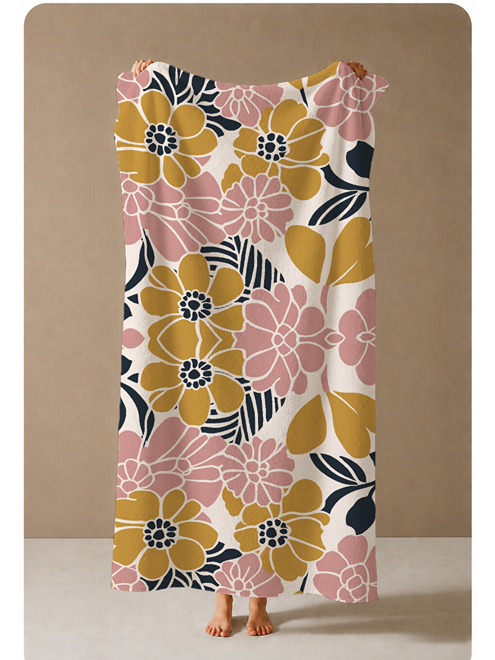 Kahverengi Hardal Pembe Retro Çiçek Desenli 70x150 Cm Dijital Baskılı Plaj Ve Banyo Havlusu-3
