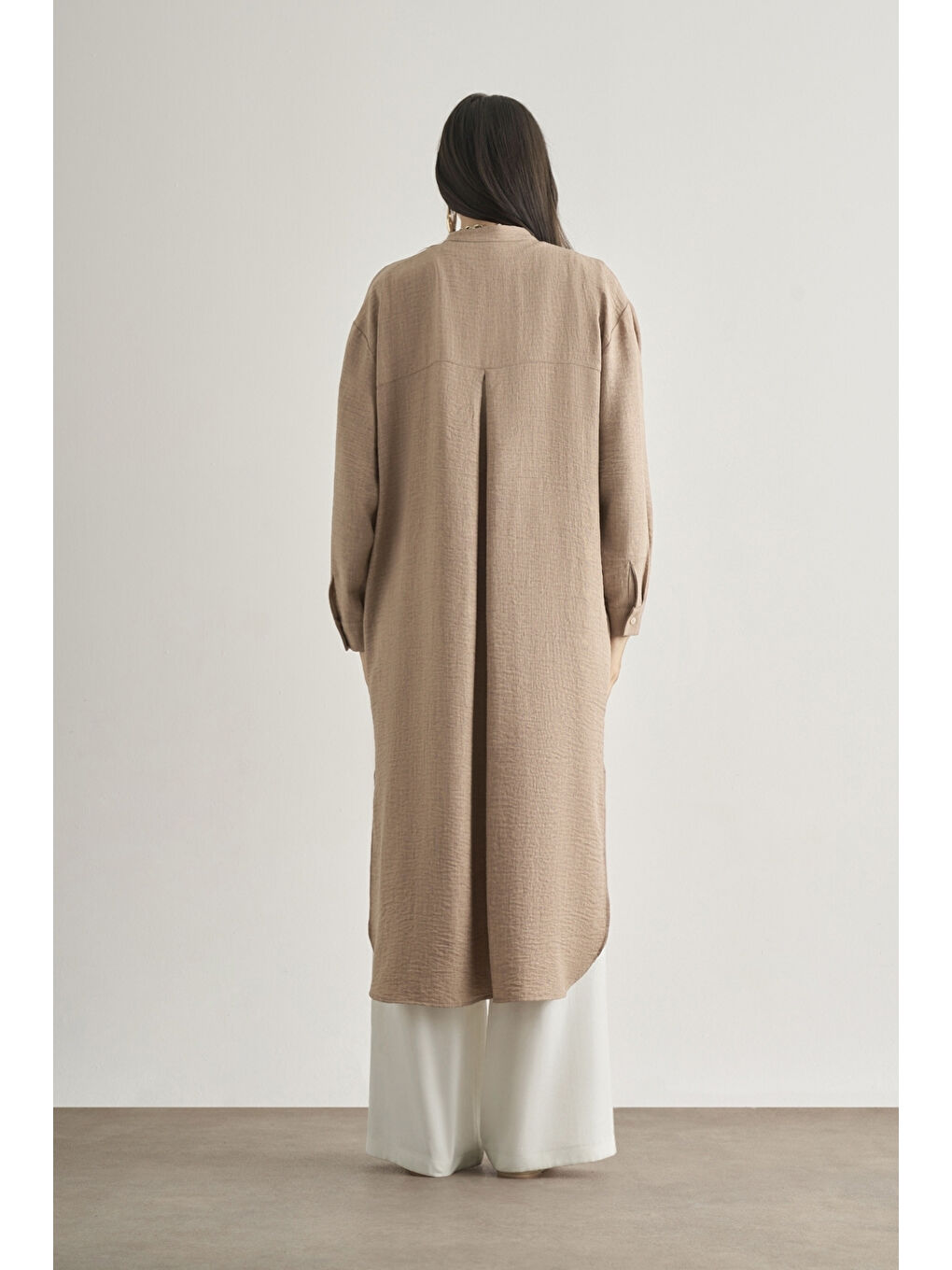 Bej Keten Dokulu Verev Cepli Taş Rengi Uzun Tunik-2