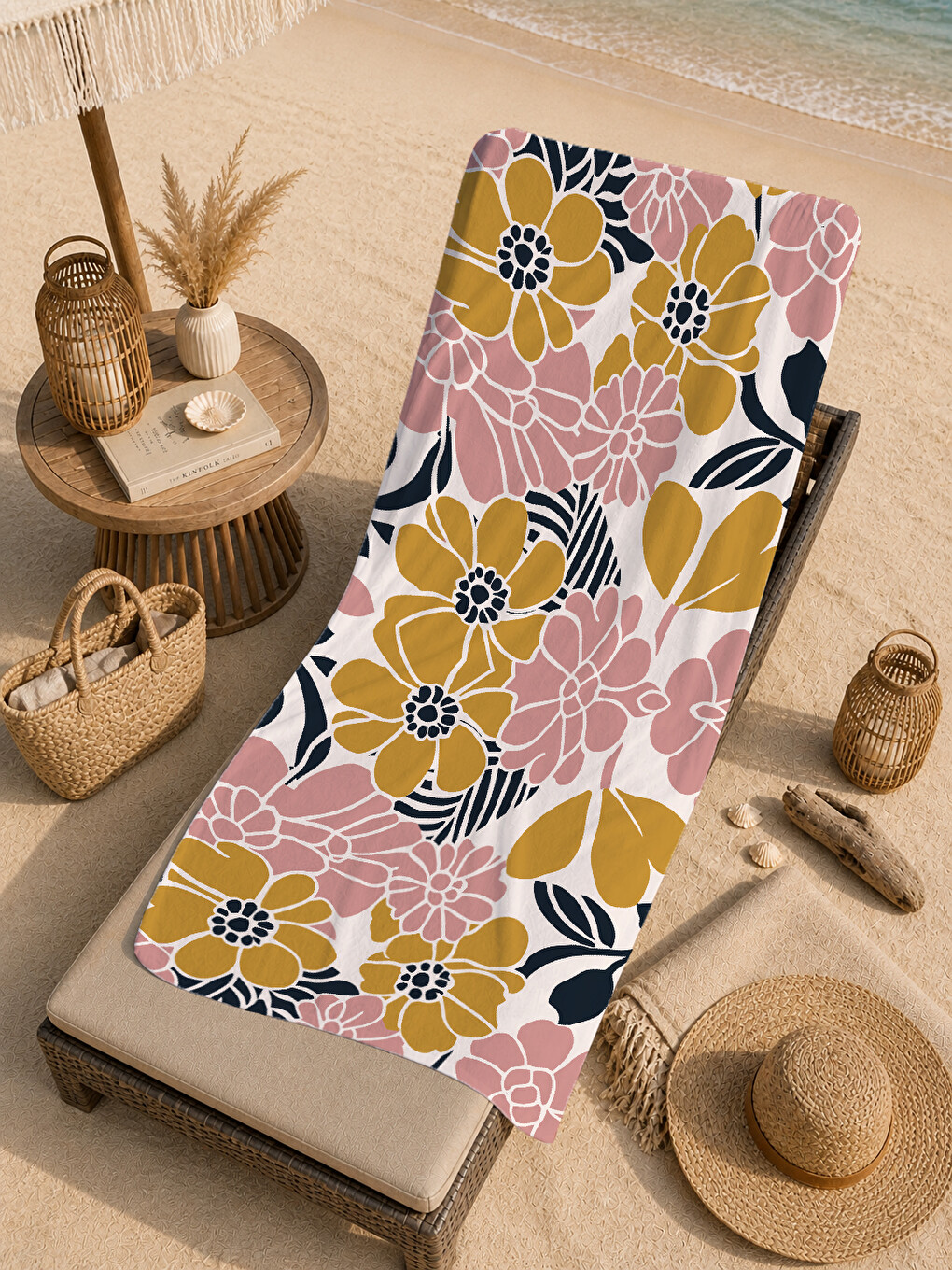 Kahverengi Hardal Pembe Retro Çiçek Desenli 70x150 Cm Dijital Baskılı Plaj Ve Banyo Havlusu-4
