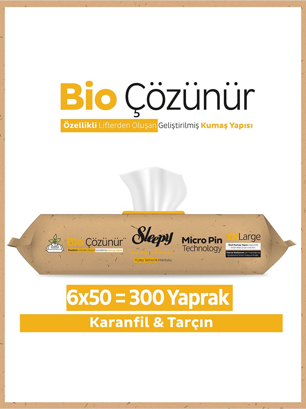 Bio Çözünür Yüzey Temizlik Havlusu&Mendili Karanfil&Tarçın 6x50 (300 Yaprak)