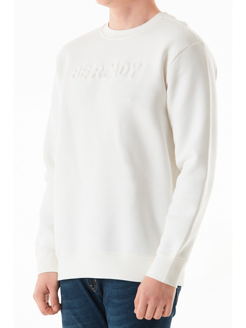 Beyaz 3 İplik Be Ready Yazı Kabartmalı Bisiklet Yaka Sweatshirt-4