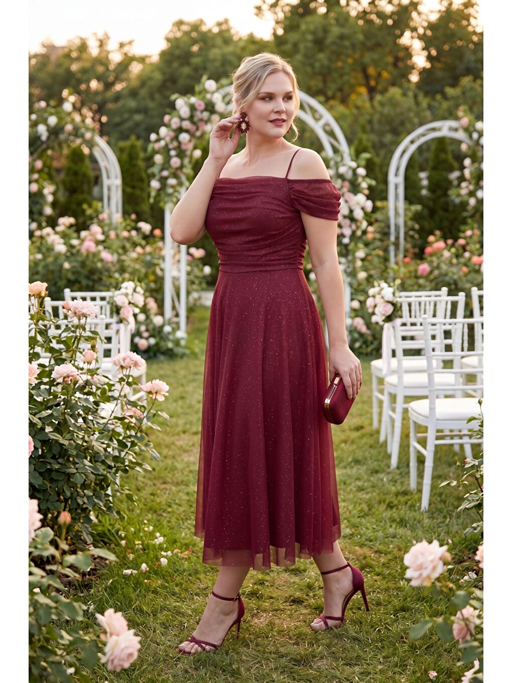 Kadın Bordo İnce Askılı Simli Midi Söz Nişan Nikah Abiye Elbise-4