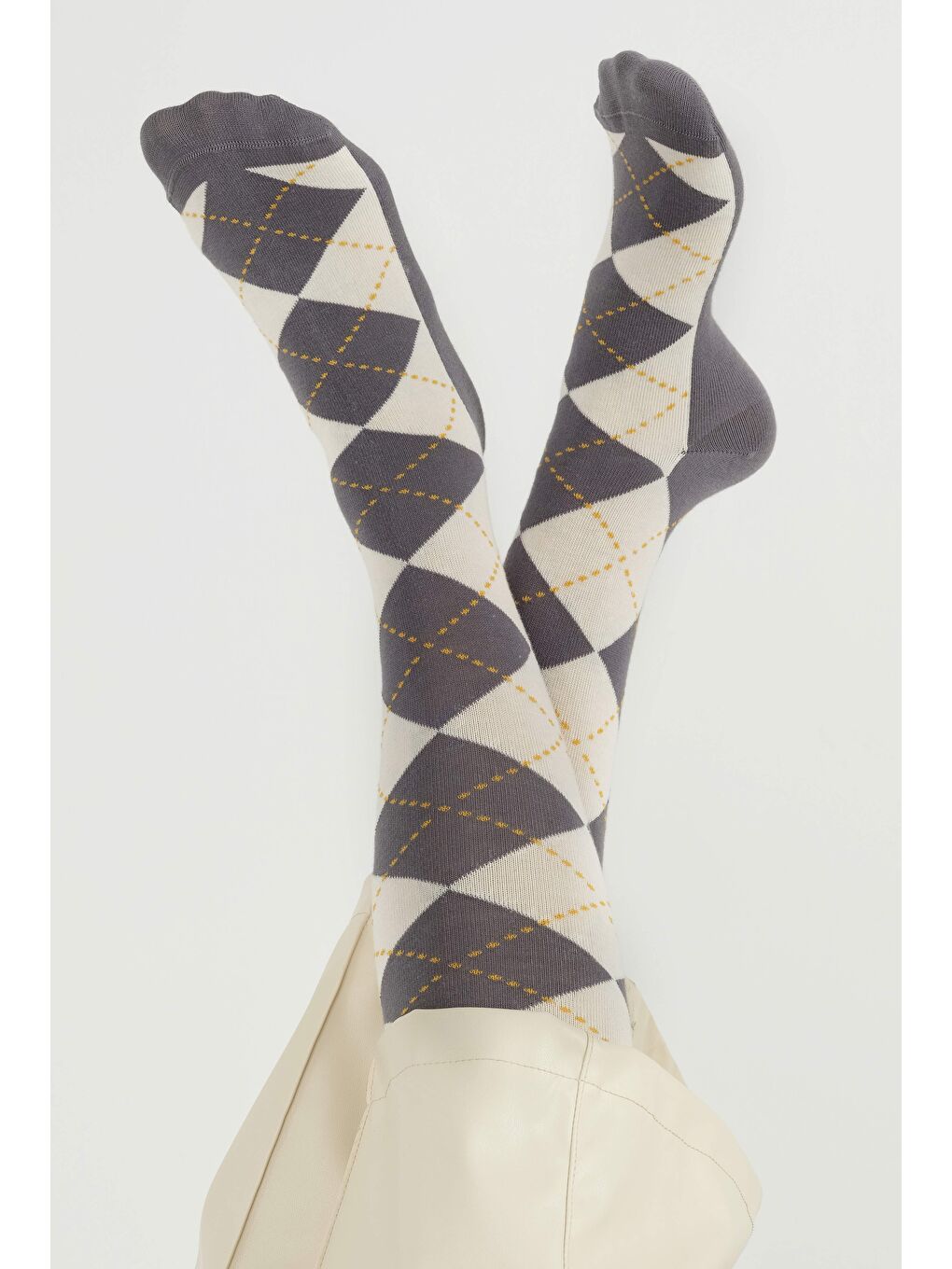Baklava Desen Diz Altı Çorap Gri-Ekru-1