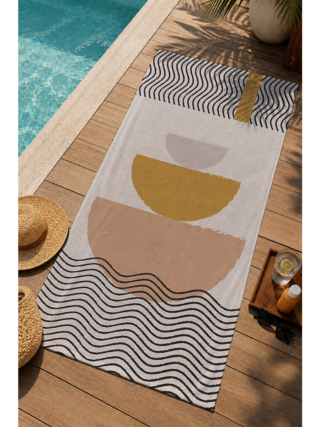 Bej Siyah Minimal Geometrik Desenli 70x150 Cm Dijital Baskılı Plaj Ve Banyo Havlusu-2