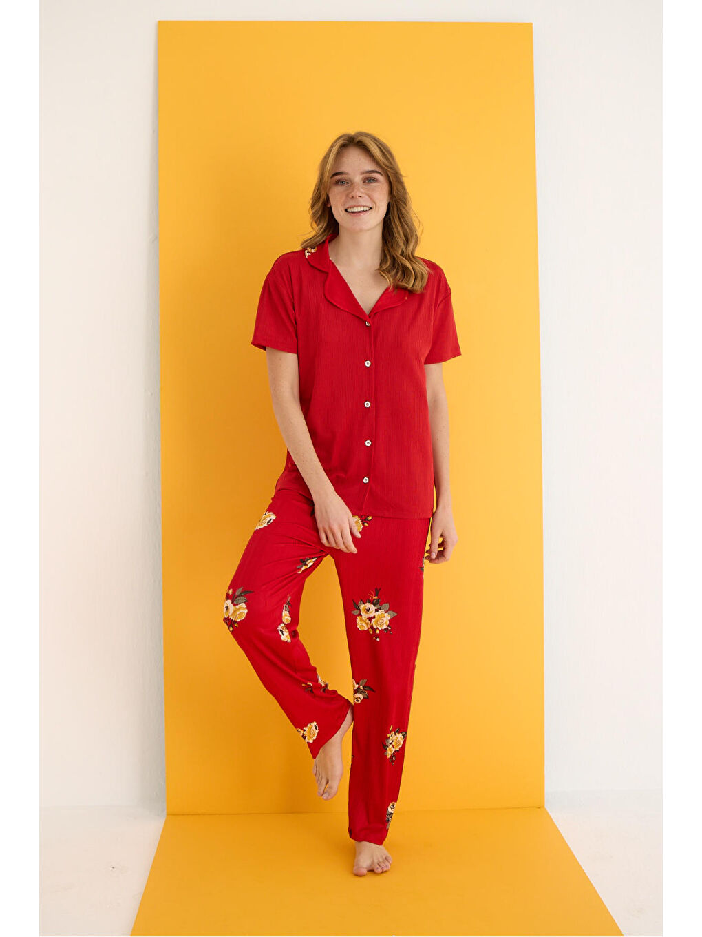 Kırmızı Pegasus Düğmeli Pijama Takımı 7012-8-1