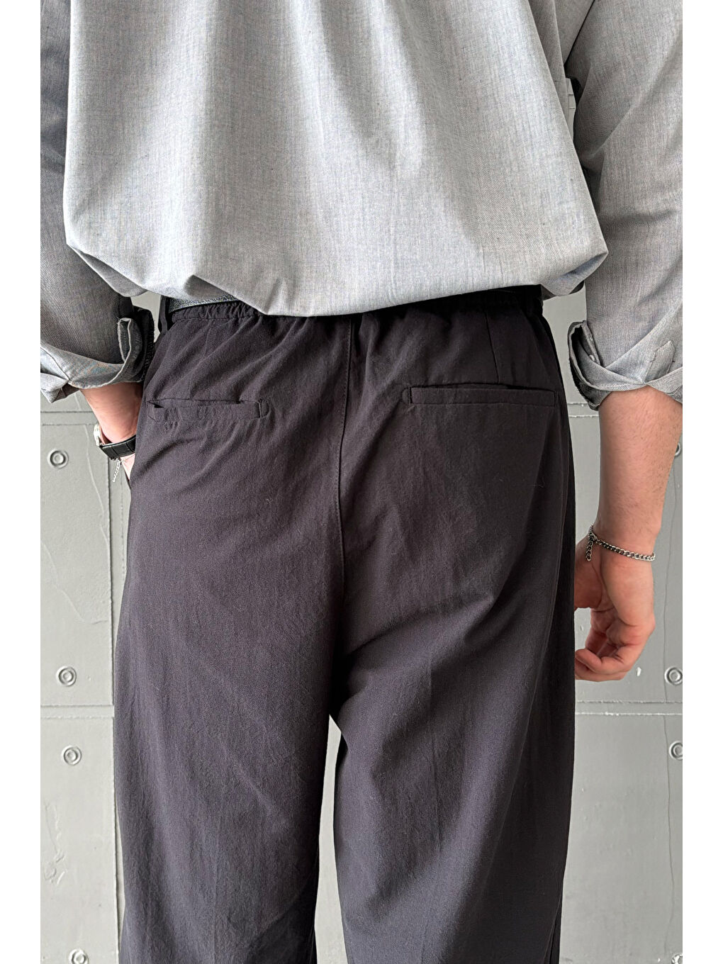 Siyah Erkek Baggy Fit Gabardin Kumaş Pantolon-5