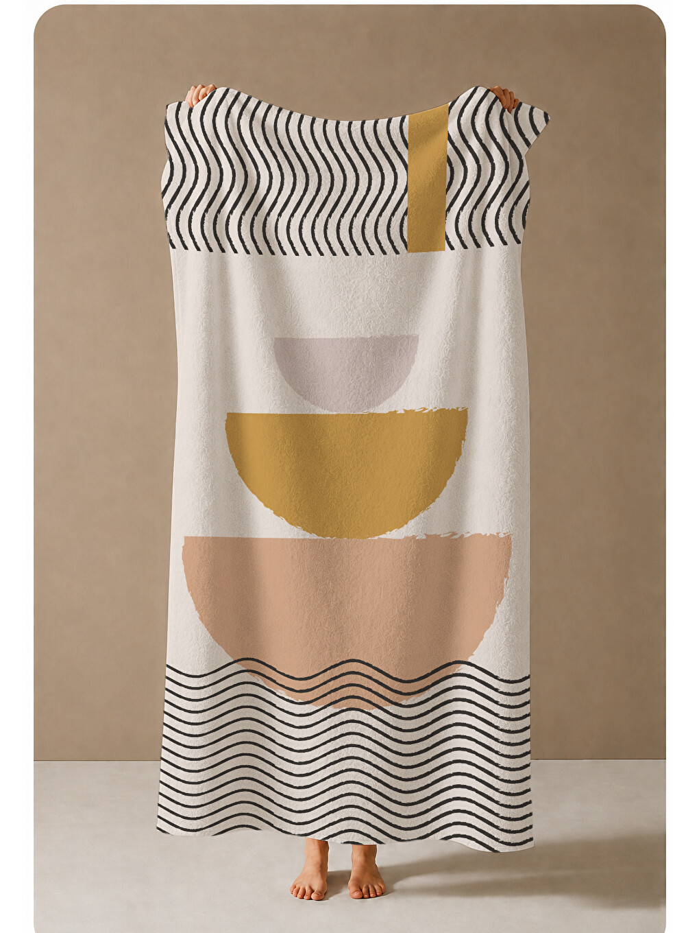Bej Siyah Minimal Geometrik Desenli 70x150 Cm Dijital Baskılı Plaj Ve Banyo Havlusu-3