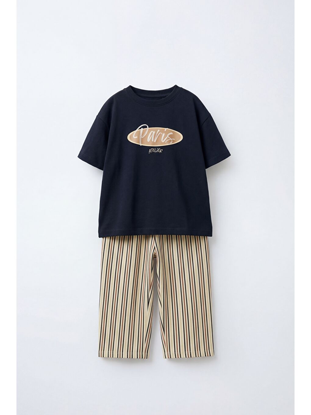 Karışık Erkek Çocuk Pamuklu Lacivert Paris Baskılı Tişört Çizgili Eşofman Takım