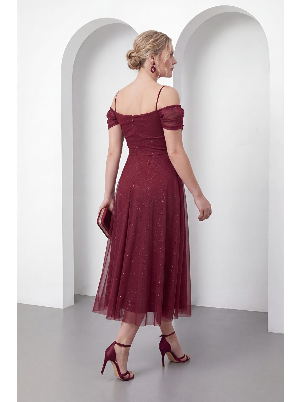 Kadın Bordo İnce Askılı Simli Midi Söz Nişan Nikah Abiye Elbise-5