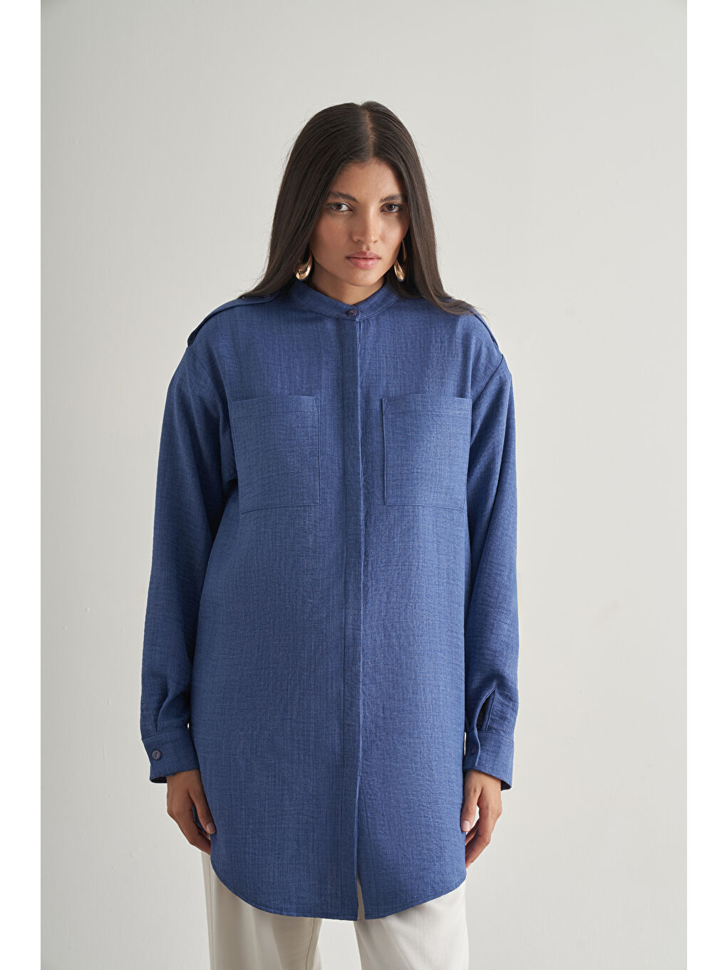 Keten Dokulu Apoletli İndigo Mavi Tunik-1
