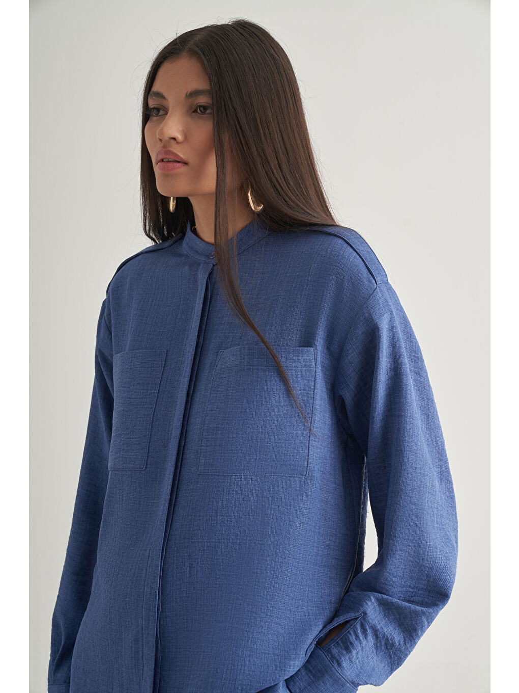 Keten Dokulu Apoletli İndigo Mavi Tunik-2