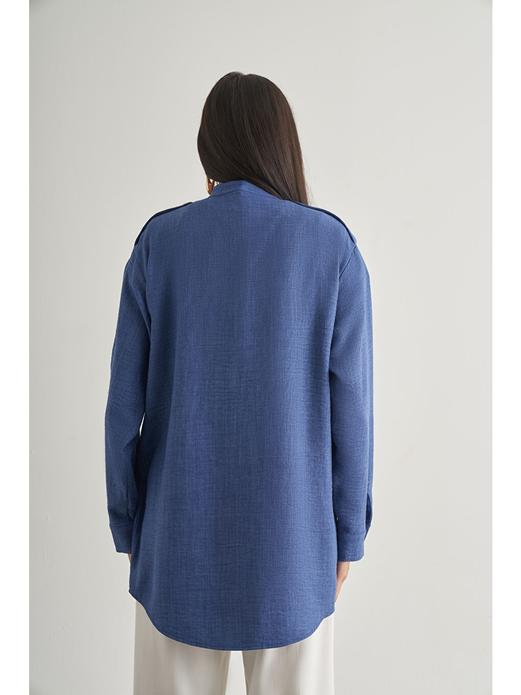 Keten Dokulu Apoletli İndigo Mavi Tunik-3