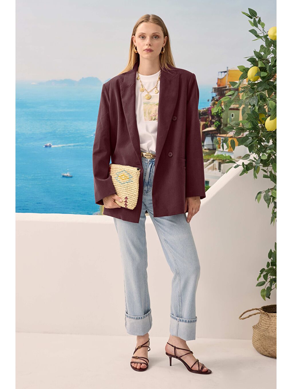 Modal Bol Kesim Blazer Ceket Bordo