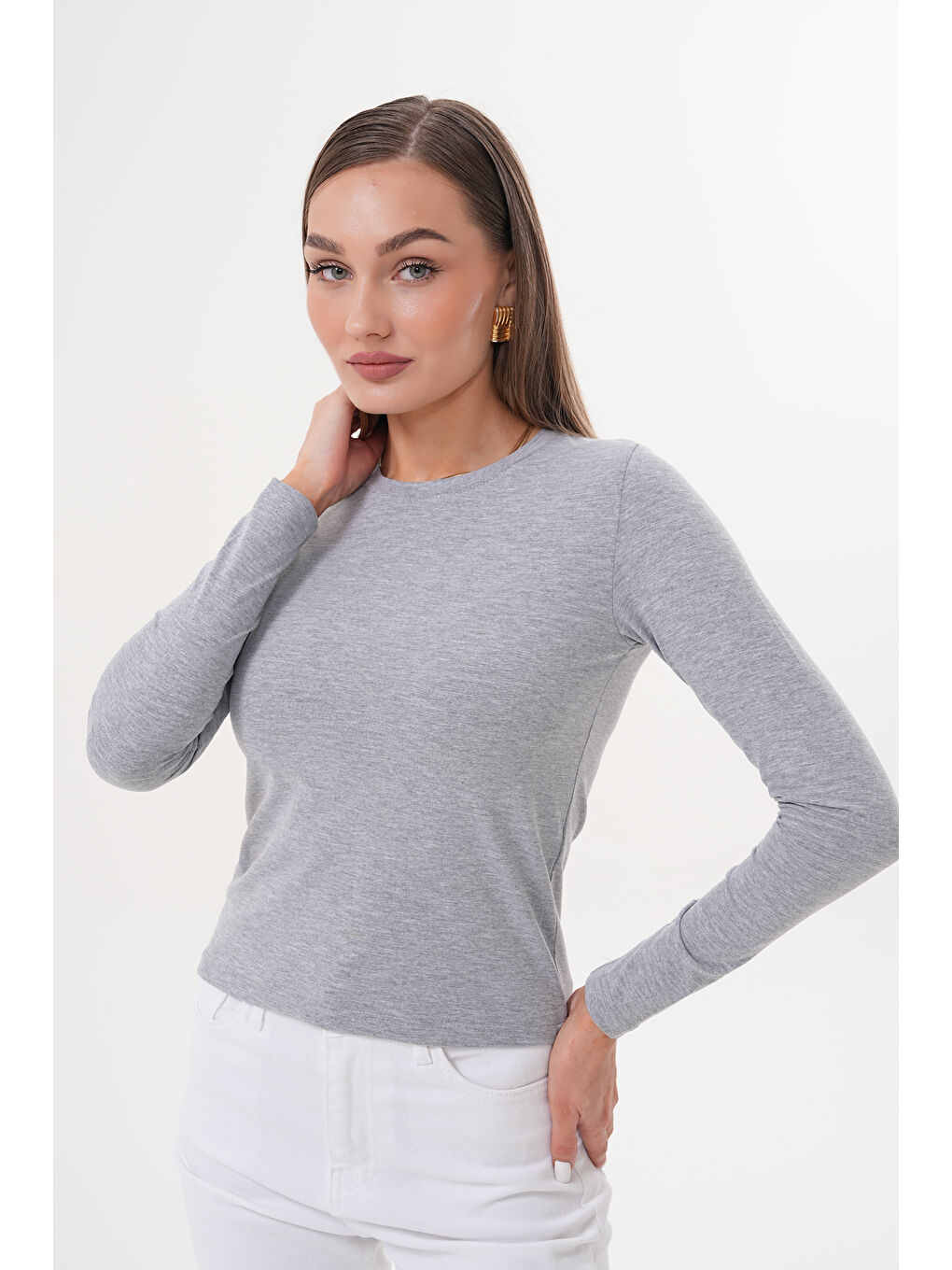 Gri Uzun Kollu Kısa Kadın Bluz Long Fitted UZUNKOL-BLUZ