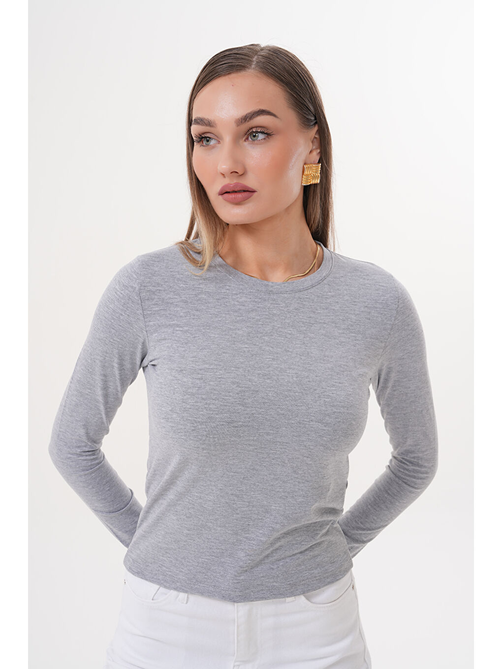 Gri Uzun Kollu Kısa Kadın Bluz Long Fitted UZUNKOL-BLUZ-1