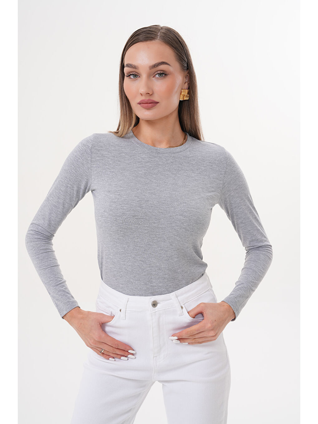Gri Uzun Kollu Kısa Kadın Bluz Long Fitted UZUNKOL-BLUZ-2