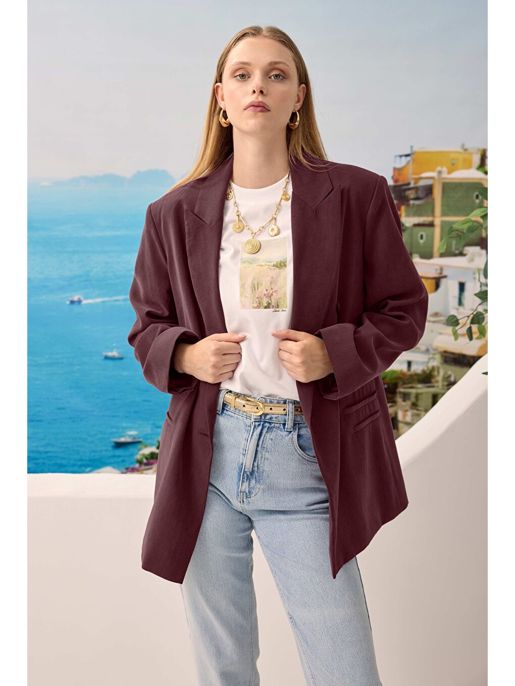 Modal Bol Kesim Blazer Ceket Bordo-1