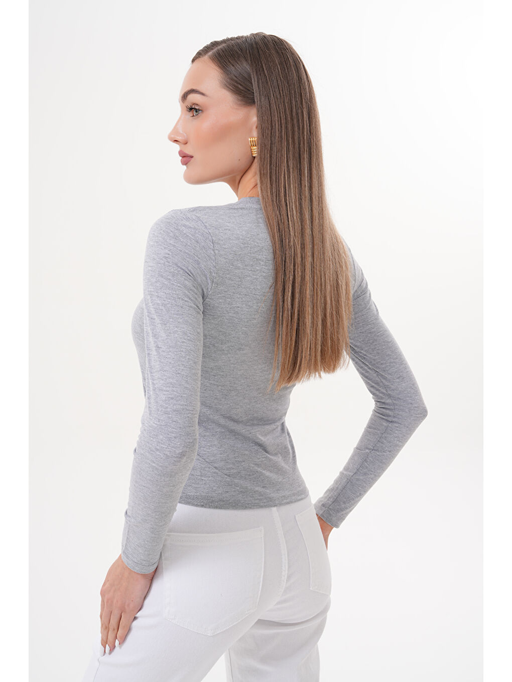 Gri Uzun Kollu Kısa Kadın Bluz Long Fitted UZUNKOL-BLUZ-3