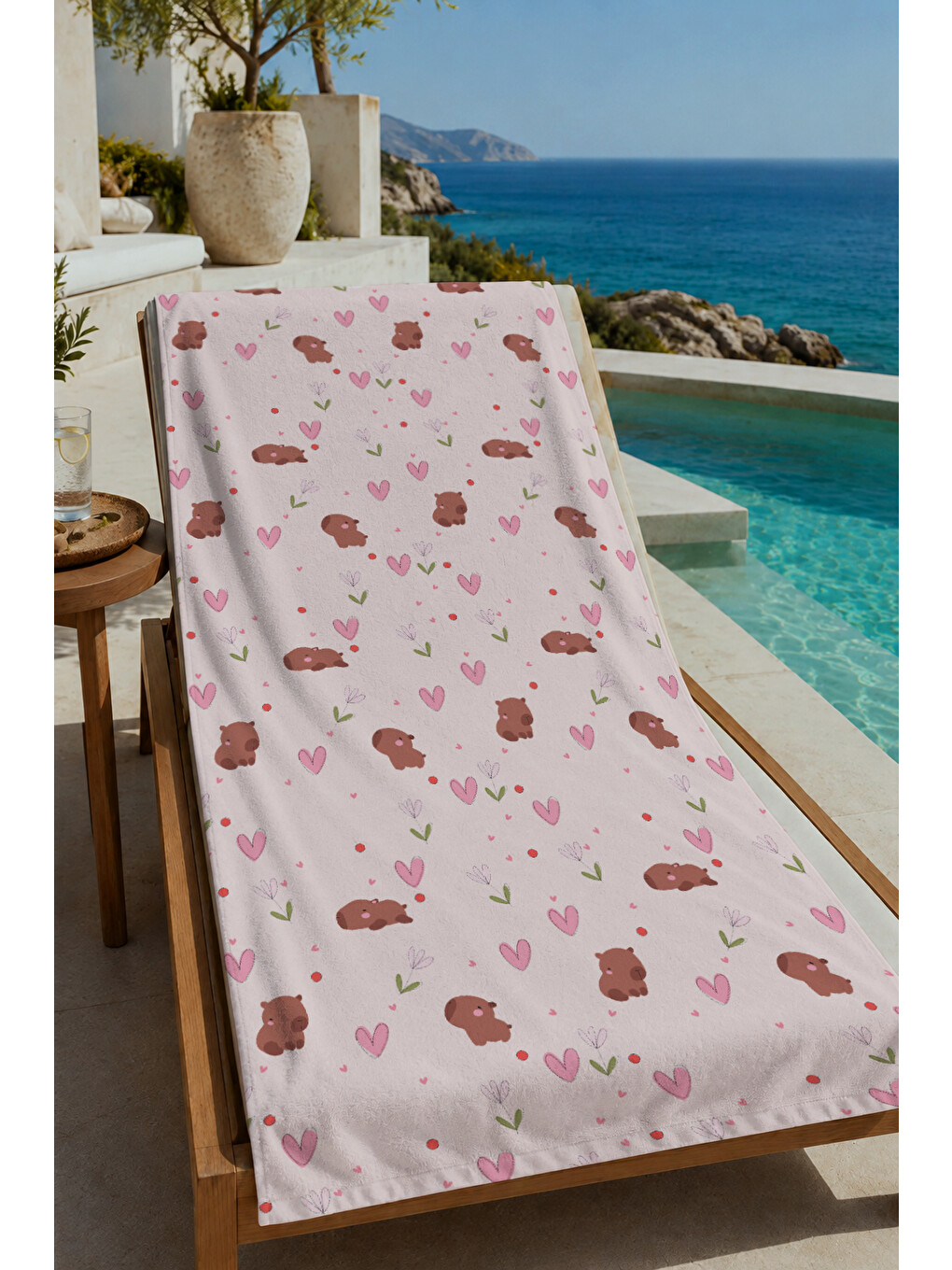 Pembe Minik Yaz Motifleri Desenli 70x150 Cm Dijital Baskılı Plaj Ve Banyo Havlusu