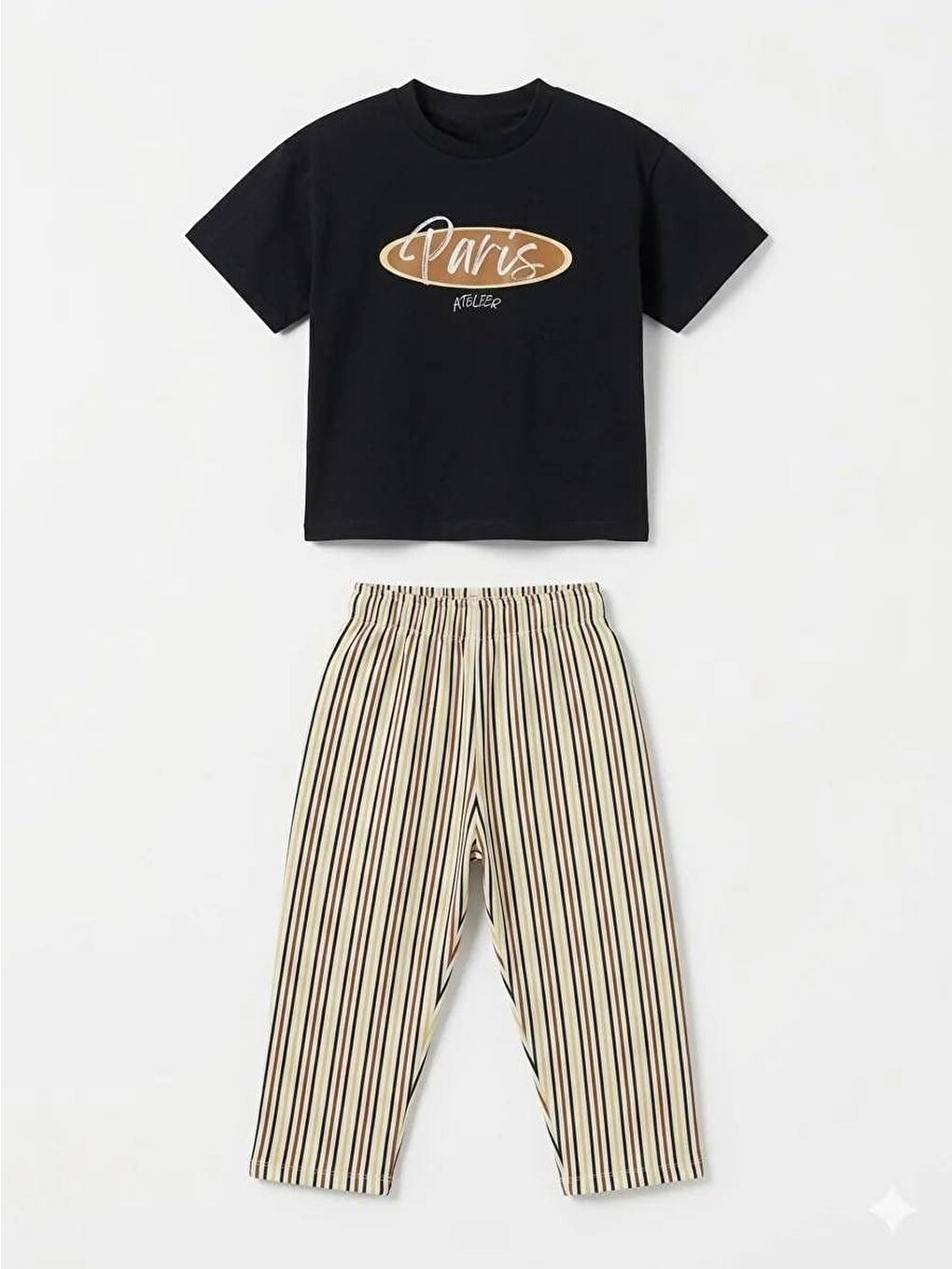 Karışık Erkek Çocuk Pamuklu Lacivert Paris Baskılı Tişört Çizgili Eşofman Takım-1