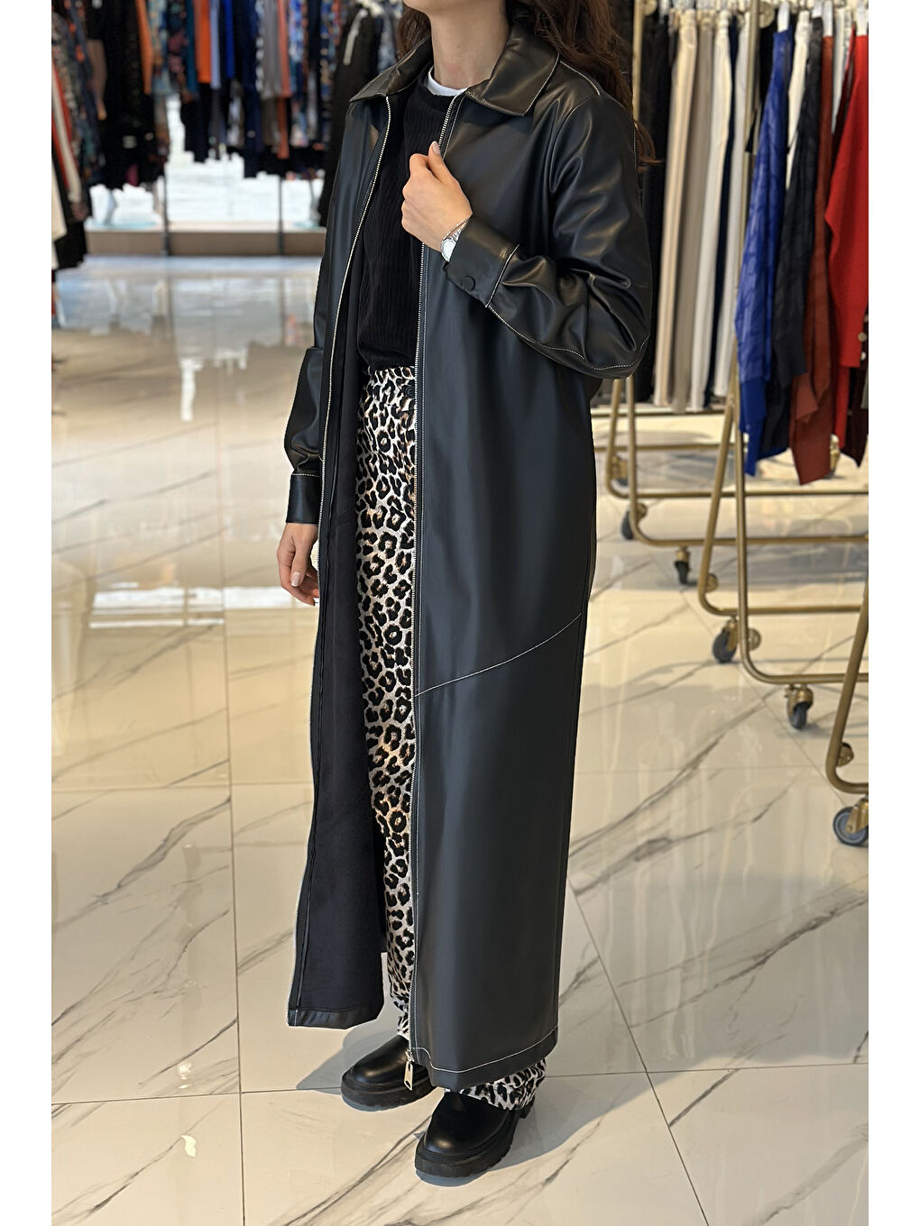 Tam Boy Kap Uzun Fermuarlı Deri Ceket 6015 Siyah-1