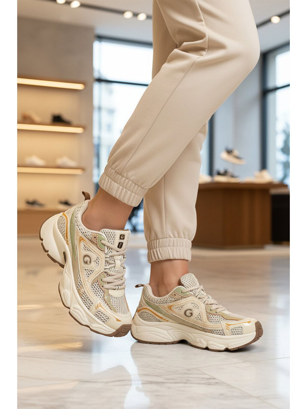 Bej Fileli Hafif Bağcıklı Kadın Spor Ayakkabı 26Y353 G-2