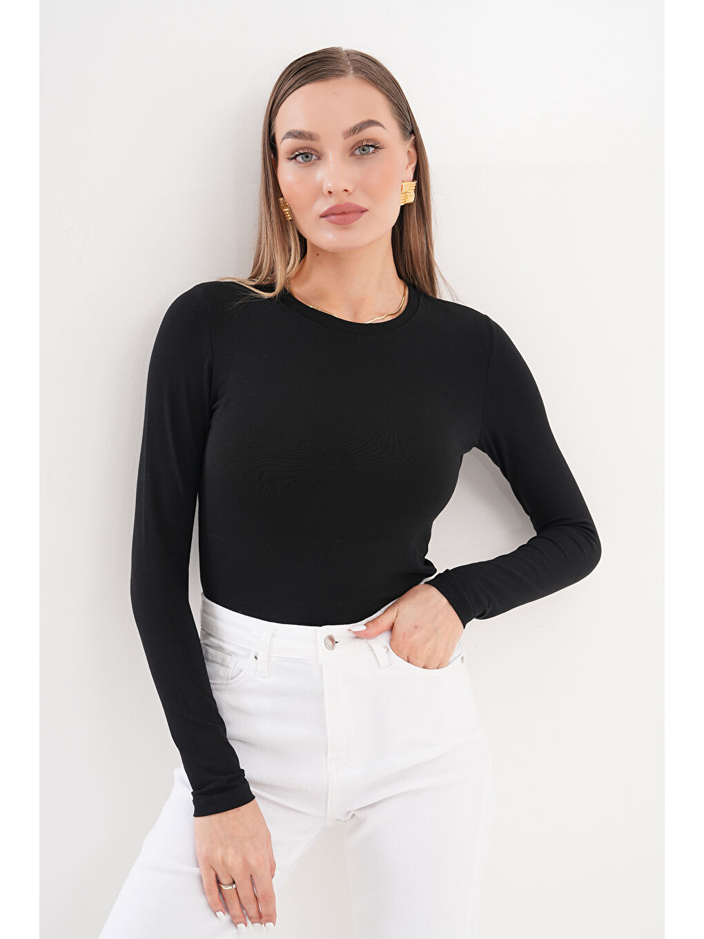 Siyah Uzun Kollu Kısa Kadın Bluz Long Fitted UZUNKOL-BLUZ